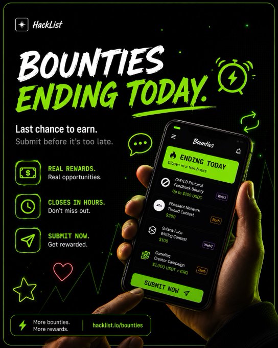 The image shows a person holding up an iPhone with a green screen displaying a mobile app called "Hack List". The app features various opportunities for people to earn bounty rewards, including game nights, contests, and other activities that can be completed on their phones. The post emphasizes the end of the bounties ending today by encouraging users to take advantage of these opportunities before it's too late.