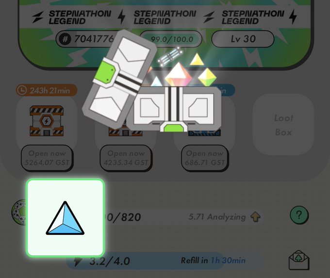 A screenshot of the Stepn app showing loot boxes, GST balances, and a glowing green token icon, with 'STEPNATHON LEGEND' banners and level/status indicators at the top