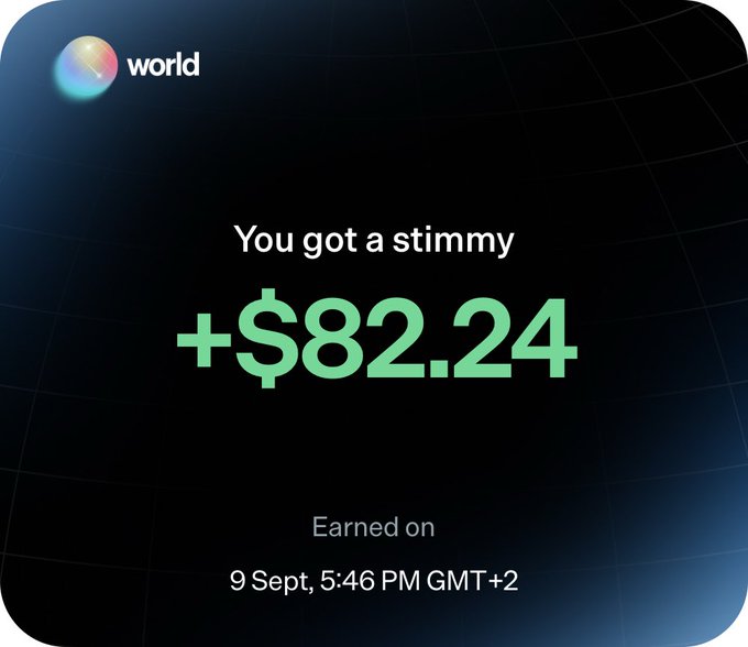 A screenshot showing 'You got a stimmy +$82.24' earned on '9 Sept, 5:46 PM GMT+2' from an app called 'world'.