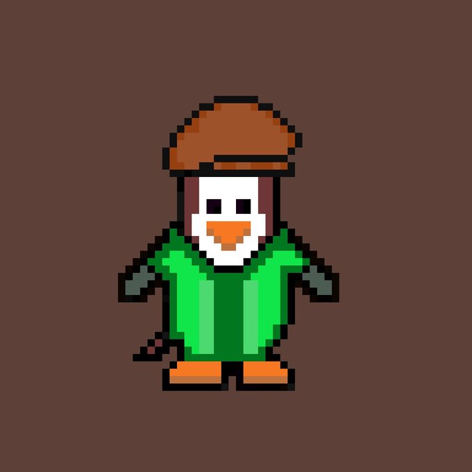 A pixel art penguin wearing a brown cap, white face mask, and green jacket with orange feet, representing one of the 3333 unique NFT characters in the upcoming Pengu Nation collection free minting on Ethereum.