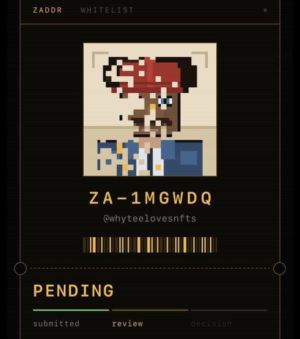 A ZADDR whitelist page showing a pixel art character with red hair and sunglasses, with code 'ZA-1MGWDQ' for user '@whyteelovesnfts' and status marked as 'PENDING' with progress bar showing 'submitted' and 'review' stages.