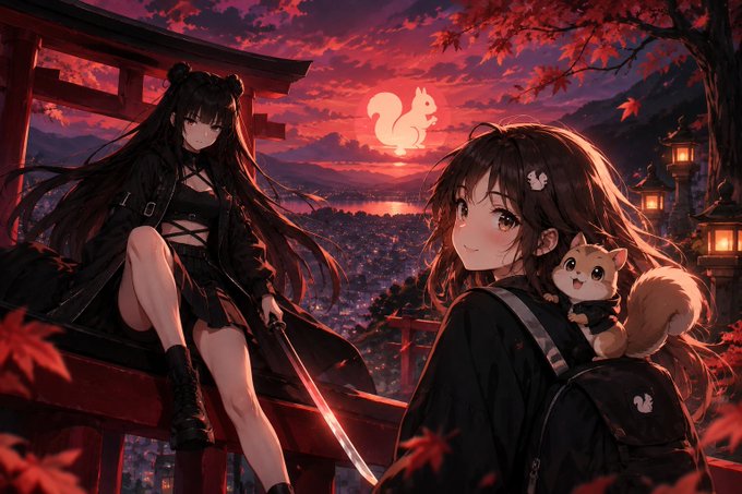 An anime-style illustration shows two girls at sunset with a squirrel silhouetted against the red moon, one seated on a torii gate with a glowing red sword and the other holding a small tan animal on her shoulder.