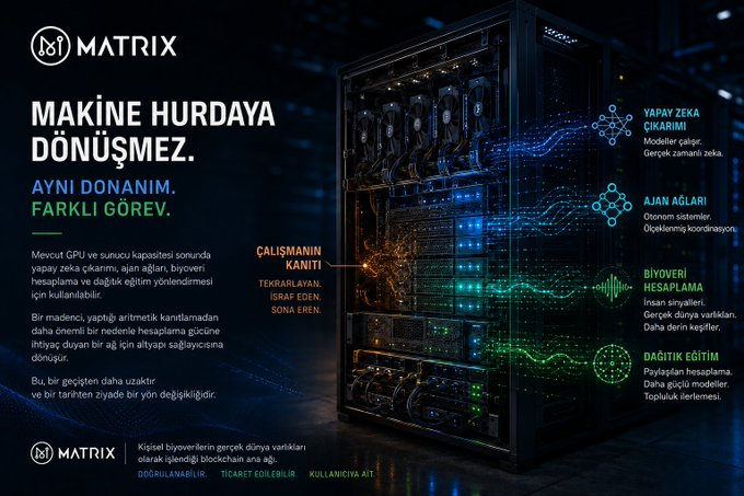 A Turkish-language promotional graphic for 'Matrix' with the headline 'MAKİNE HURDAYA DÖNÜŞMEZ' (Machine doesn't become scrap), showcasing a high-end computer server rack with blue and green circuit-style lighting.