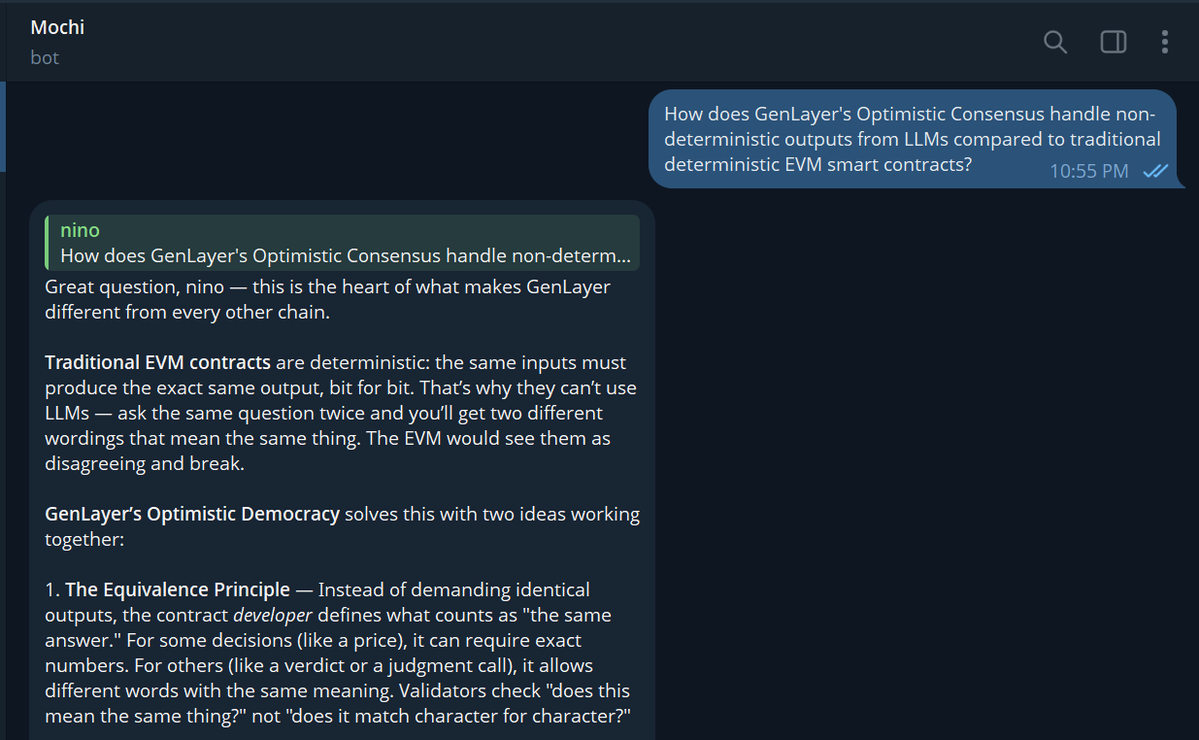 A chat interface with a bot named "Mochi" answering a question about "How does GenLayer's Optimistic Consensus handle non-deterministic outputs from LLMs compared to traditional deterministic EVM smart contracts?" with a detailed response.