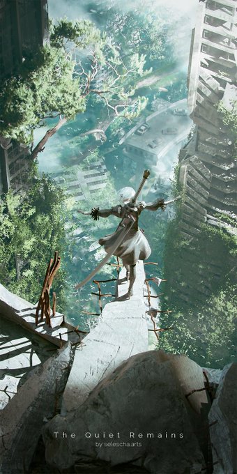 The image shows a person standing on top of a cliff with their arms outstretched towards the sky. The scene takes place in an urban setting surrounded by buildings and trees, giving off a sense of being in a post-apocalyptic world or a futuristic cityscape. The caption for this image reads "The Quiet Remains" which suggests that it is part of a larger collection of artworks related to the concept of AI and its impact on society.