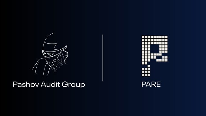 The image displays a partnership announcement between **Pashov Audit Group** (represented by a detective-style logo) and **PARE** (shown as a pixelated question mark), signifying that Pashov Audit Group will be conducting a security audit of the PARE project on the Robinhood chain during a period of heightened user activity.