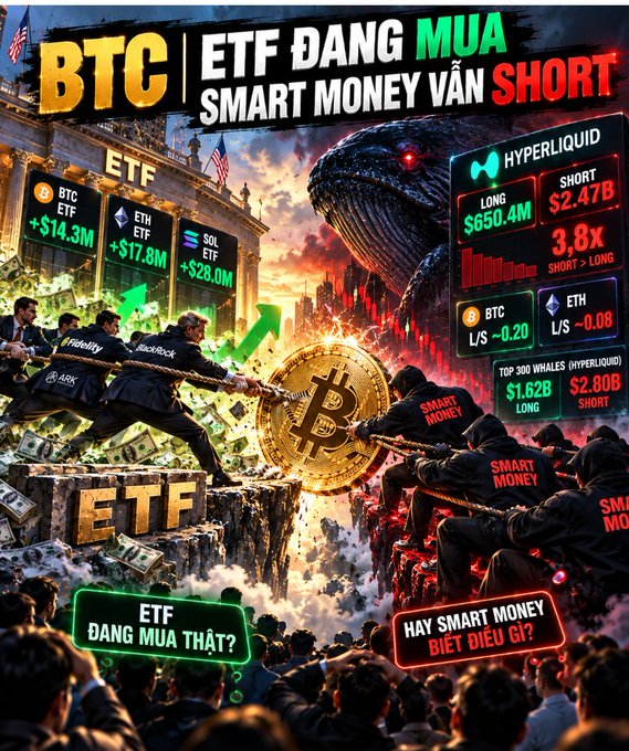 A dramatic Vietnamese crypto thumbnail titled 'BTC | ETF ĐANG MUA SMART MONEY VẪN SHORT', depicting a tug-of-war between ETF buyers and smart money shorts, with stats from Hyperliquid including BTC LONG $650.4M, SHORT $2.47B, and a 3.6x short-to-long ratio.