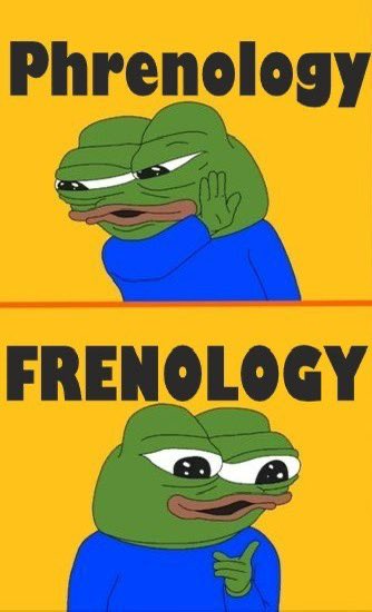 A two-panel meme featuring Pepe the Frog. The top panel spells "Phrenology" (correctly) with Pepe looking smug, while the bottom panel spells "FRENOLOGY" (incorrectly) with Pepe looking confident and pointing.