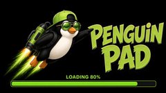 A loading screen graphic featuring a cartoon penguin with a green helmet flying with jet propulsion flames, alongside the text 'PENGUIN PAD' and a progress bar showing 'LOADING 80%'.