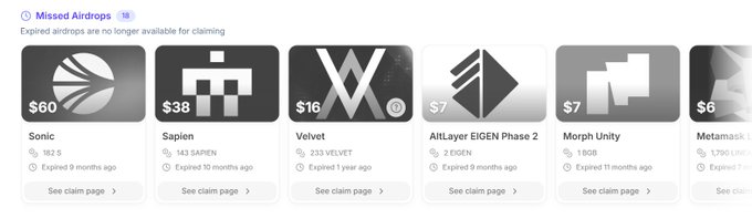 A screenshot displays 'Missed Airdrops 18' with expired cryptocurrency airdrops including Sonic ($60), Sapien ($38), Velvet ($16), AltLayer EIGEN Phase 2 ($7), Morph Unity ($7), and Metamask ($6).