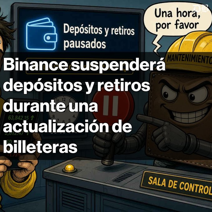 A graphic illustration with Spanish text announcing 'Binance suspenderá depósitos y retiros durante una actualización de billeteras,' showing a cartoon character in a hard hat saying 'Una hora, por favor.'