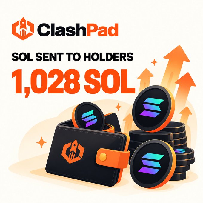 A promotional graphic for 'ClashPad' advertising 'SOL SENT TO HOLDERS 1,028 SOL' featuring a black wallet with the ClashPad logo, Solana (SOL) coins, and orange upward-pointing arrows.