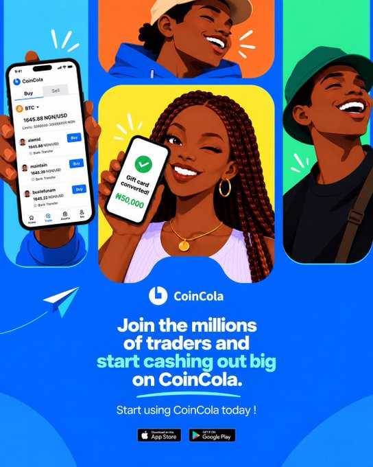 A promotional graphic for the 'CoinCola' cryptocurrency trading app features illustrated people holding phones, with text reading 'Join the millions of traders and start cashing out big on CoinCola.' and showing BTC trading prices.