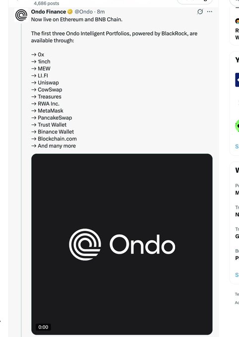 Twitter post from Ondo Finance announcing Ondo Intelligent Portfolios live on Ethereum and BNB Chain, with a black image featuring the Ondo logo.