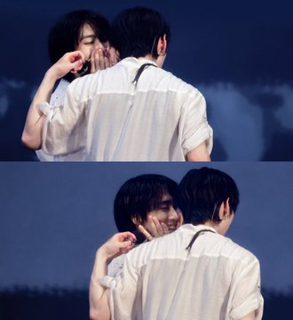 The image shows two young men with dark hair in white shirts sharing an intimate moment on stage, with one facing away from the camera while the other leans in close, their faces nearly touching. The bottom frame captures a tender exchange as they appear to embrace or kiss, complementing the "lets all dai" caption's romantic sentiment.
