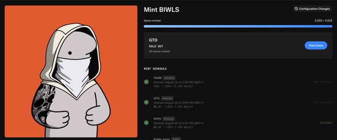 Screenshot of a webpage titled 'Mint BIWLS' showing a running tracker with 5,555/5,555 progress, featuring a cartoon character in a hood and mask, and a schedule listing TEAM, GTD, and FCFS at 3:00 PM GMT+1 with free mints.