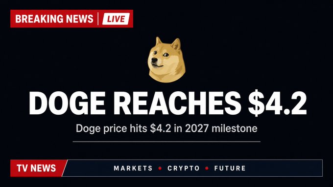 The image is a fake "BREAKING NEWS LIVE" graphic featuring the Doge meme face and the headline "DOGE REACHES $4.2" with subtitle "Doge price hits $4.2 in 2027 milestone," humorously predicting a massive future price surge for Dogecoin to support the post's bullish sentiment.