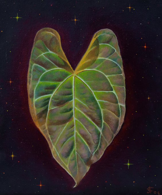 A painted artwork of a large green leaf with a heart-shaped top against a dark, starry background.