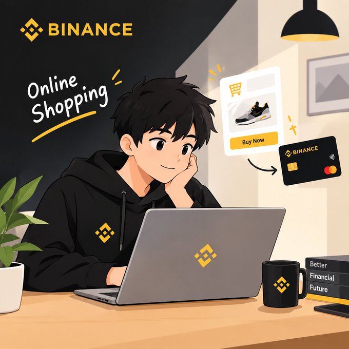 An anime-style Binance illustration shows a young man shopping online for sneakers, with a Binance card facilitating the 'Buy Now' purchase and books reading 'Better Financial Future'.