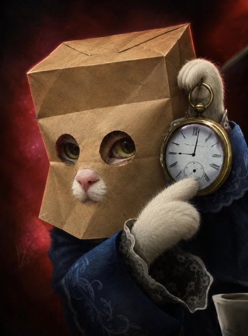 A whimsical image shows a cat wearing a paper bag over its head with cutout eye holes, dressed in a blue Victorian-style garment and holding an ornate pocket watch, evoking the concept of "watching the clock" for sporadic reward updates referenced in the post about ZEC's drip timing and volume behavior.