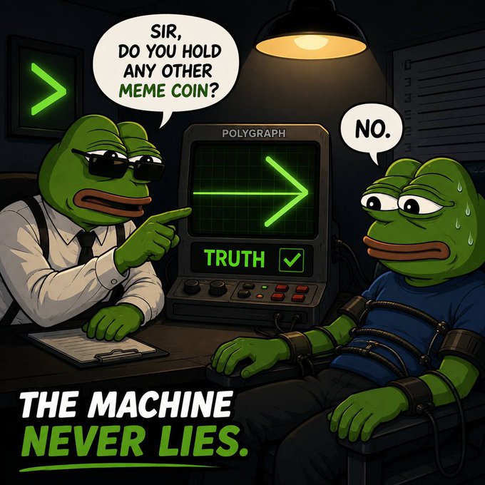A cartoon meme showing a Pepe the Frog detective interrogating a sweating Pepe strapped to a polygraph machine, with text reading 'SIR, DO YOU HOLD ANY OTHER MEME COIN?' and 'THE MACHINE NEVER LIES.'