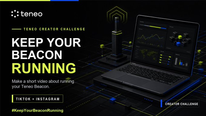 A promotional graphic for the "Teneo Creator Challenge" featuring the bold tagline "Keep Your Beacon Running" alongside a futuristic 3D illustration of a laptop displaying analytics dashboards next to a glowing beacon tower on a grid. The image supports the post announcing the challenge's conclusion, which thanks participants for creating TikTok and Instagram videos about their Teneo Beacons, with the hashtag #KeepYourBeaconRunning visible.