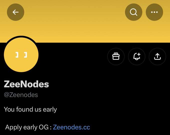 A profile page for 'ZeeNodes' (@Zeenodes) with the bio 'You found us early' and instructions to 'Apply early OG: Zeenodes.cc'.
