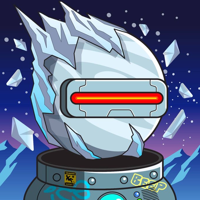 A digital illustration of an icy, crystalline robotic head with a glowing red visor, surrounded by floating ice shards and a starry background, mounted on a metallic base with graffiti including "BEEP".