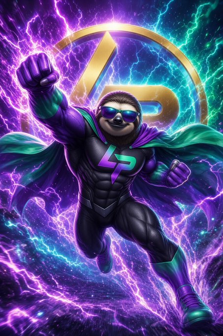 A vibrant digital artwork of a sloth dressed as a superhero with a purple and teal costume, sunglasses, and a cape, flying in front of a glowing 'LP' logo with purple lightning in the background.