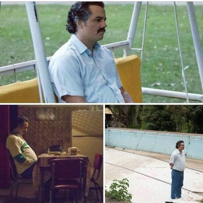 A collage of three photos showing a man with a mustache in different settings: sitting on a swing bench, sitting at a dining table, and standing alone by a pool.