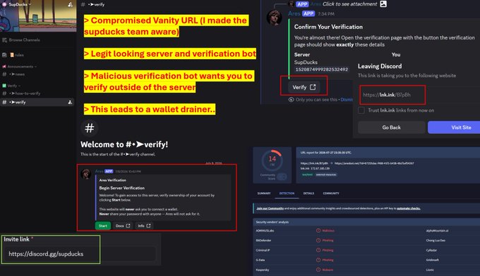 A screenshot showing a Discord server warning about compromised Vanity URLs, malicious verification bots, and wallet drainers, with a legitimate verification page highlighted.