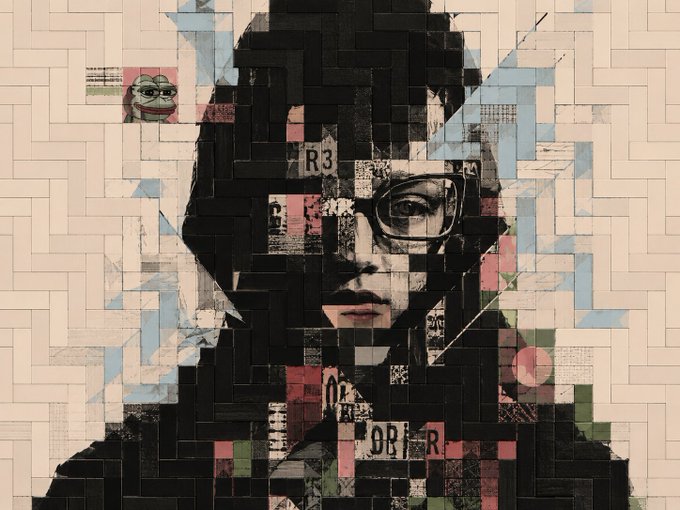 A collage-style portrait of a bespectacled figure rendered in fragmented black, white, and pink tiles, featuring text fragments like 'R3' and 'OBEY' reminiscent of Shepard Fairey's street art style.