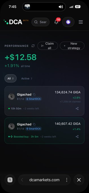 A mobile screenshot of the DCA (DeFi Crypto Alliance) markets app showing a portfolio performance of +$12.58 (+1.91%), with active 'SmartDCA' strategies for the token Gigachad.