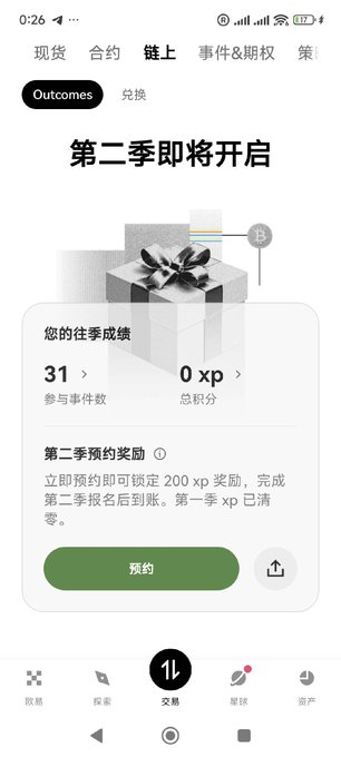 A screenshot of a mobile trading app showing an "Outcomes" prediction market page titled "第二季即将开启" (Season 2 is about to begin), displaying a user's past performance with 31 events participated and 0 XP, along with a reservation button for season 2 which offers 200 XP rewards. The image illustrates OKX's expansion of its prediction market platform into a long-term feature, building on the success of their World Cup prediction event in July.