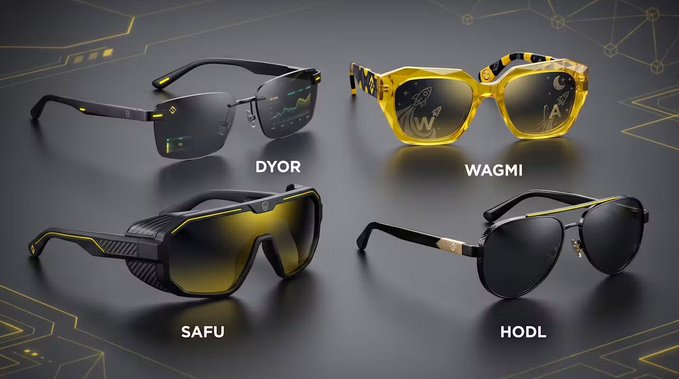 Four pairs of cryptocurrency-themed sunglasses displayed on a dark surface with a circuit board pattern, labeled 'DYOR', 'WAGMI' (yellow frames with rocket designs), 'SAFU' (yellow tinted shield), and 'HODL' (classic aviator style).