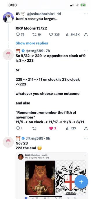 A Twitter/X thread discussing XRP price predictions referencing 'XRP Moons 13/22' and 'Nov 23' dates, with numerology-style analysis of dates 9/22, 11/5, and 11/17, and a meme image at the bottom.