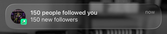 A smartphone notification shows "150 people followed you / 150 new followers" marked "now," which the post celebrates as a milestone while emphasizing that follower quality matters more than quantity.