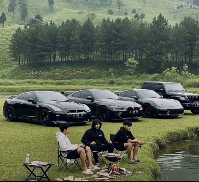 Three young men sit on folding chairs by a lakeside campfire, fishing rods extended over the water, while four high-performance vehicles—including a Nissan GT-R, what appears to be a BMW M4, a Porsche 911, and a Mercedes G-Class—are parked behind them on the grassy field. The luxury car lineup visually embodies the "GM" (General Motors or "greatness manifest") caption "Keep grinding," suggesting the lifestyle rewards that come from hard work and hustle.