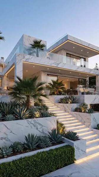 A modern white marble multi-level home at dusk, featuring illuminated stairs, large windows, and desert landscaping with agave plants and palm trees.