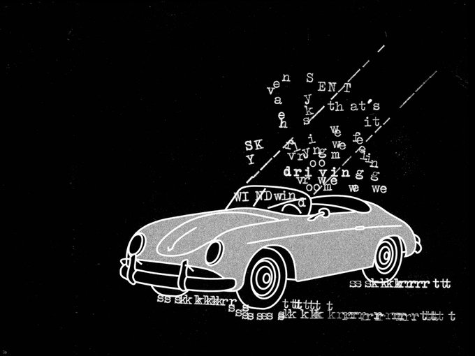 A black-and-white image of a vintage sports car (resembling a Porsche 911) speeding away with a cloud of text above it reading "SENT, that's it, we driving, vroom we we NI XDwinn," and stylized exhaust sounds like "ss skk kkkrrrrr ttt tttt" trailing behind, visually evoking the meme-style energy of "riding a coin to wherever it goes" referenced in the caption.