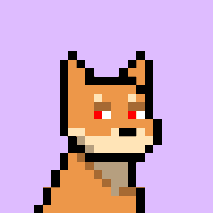 A pixel art rendering of an orange fox-like character with red eyes against a lavender background, resembling a retro video game sprite.