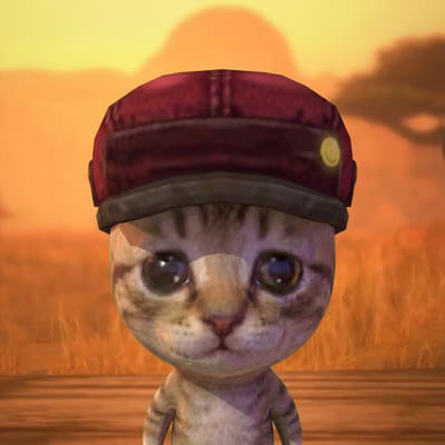 A digital illustration of a cute, big-eyed kitten character wearing a maroon newsboy-style cap, set against a warm orange savanna background at sunset.