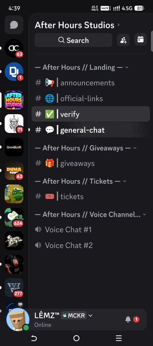 A mobile screenshot of a Discord server called 'After Hours Studios' showing various channels including announcements, official-links, verify, general-chat, giveaways, tickets, and two voice chat channels, with the user LEMZ online.