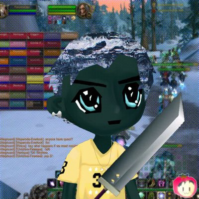 A screenshot of an MMORPG game featuring a chibi-style dark-skinned character in a yellow jersey holding a sword, with chat text visible on the left.