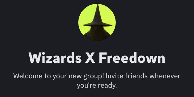 A group welcome screen for "Wizards X Freedown" featuring a wizard silhouette logo, with text inviting members to "Invite friends whenever you're ready," fitting a post announcing a raffle for the WiFizards group via BeFrenDAO.