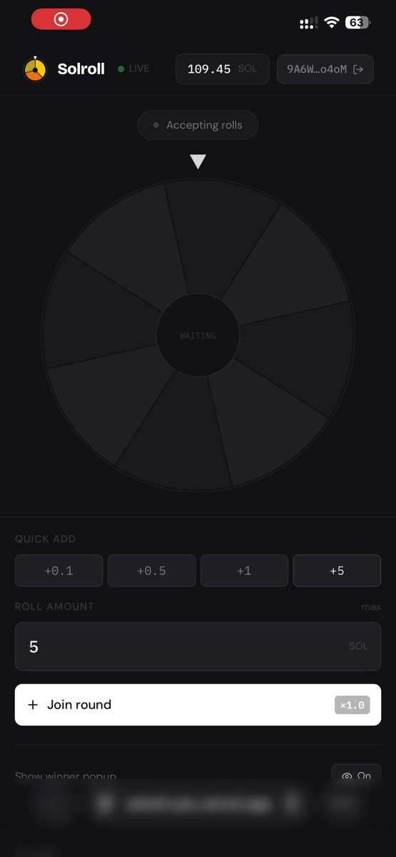The image shows a phone screen with a black background, displaying a spinning wheel game interface. There are several buttons and options available for gameplay, including "join", "round", "spin", and "stop". The text on the screen reads "13 SOL gone. I should probably stop gambling on Solana". This message is located in the bottom right corner of the image.