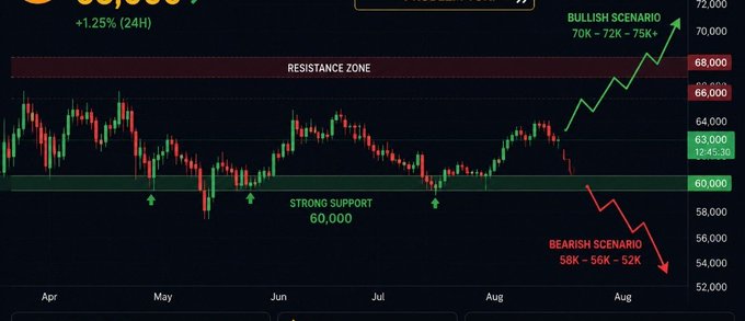 The image is a Bitcoin (BTC) candlestick chart showing key technical levels, including a resistance zone near 68,000, strong support at 60,000, with two projected scenarios: a bullish path targeting 70K–72K–75K+ and a bearish path toward 58K–56K–52K, illustrating the support level the post emphasizes Bitcoin must hold to maintain a bullish outlook.