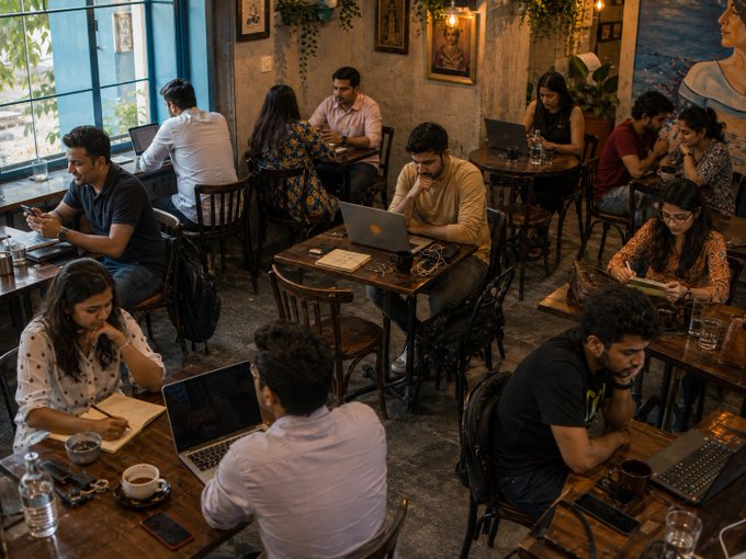 A bustling café filled with people working on laptops and tablets, their faces focused intently on their screens—perhaps one of them is deep in conversation about their latest crypto investment.
