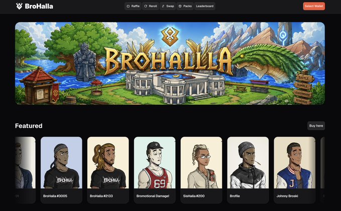 The BroHalla website homepage featuring a fantasy-themed banner and a 'Featured' section showcasing character NFTs like BroHalla #3005 and Bromotional Damage.