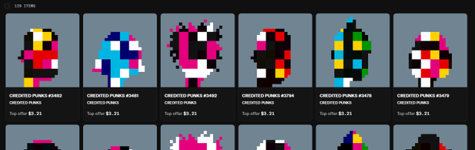 A grid interface displays pixel-art NFT profile pictures (PFPs), each labeled 'CREDITED PUNKS' with various numbers and a 'Top offer: $3.21'.